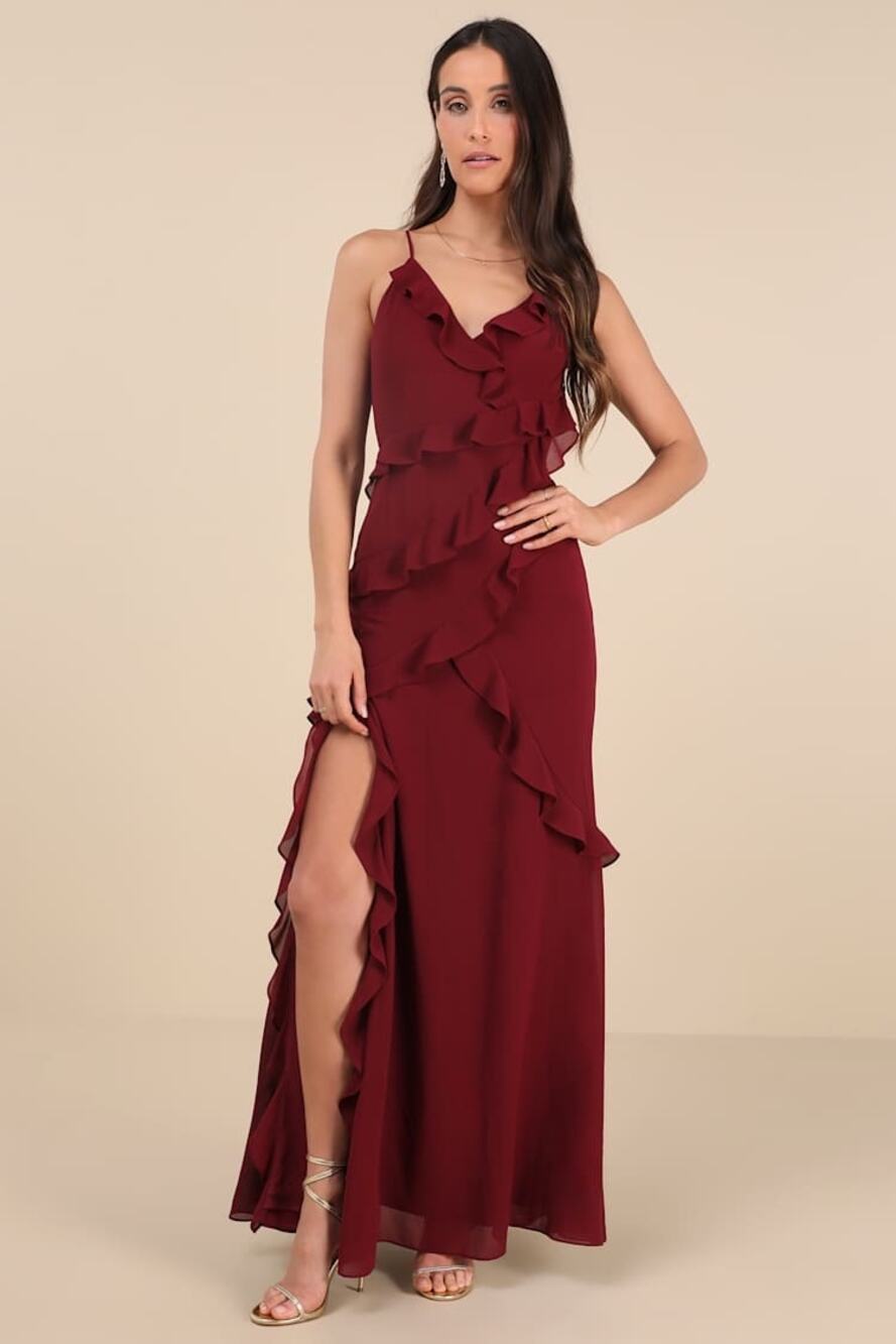 NWT Lulus Fancy Sweetness Wine Red Ruffled Lace-Up Sleeveless Maxi Dress Gala S